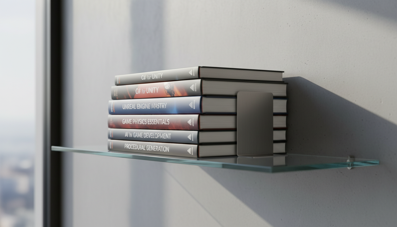 A meticulously rendered stack of technical books, including recognizable spine titles like 'C# for Unity' and 'Unreal Engine Mastery', stacked on a clear glass shelf against a smooth concrete wall. The environment includes a precision-engineered metal bookend with a low-profile design. Natural, indirect light from a nearby window creates mild, elongated shadows and subtle highlights on the covers. Captured from a slightly low angle, the image uses balanced composition and crisp focus throughout to create an atmosphere that is sophisticated and knowledge-driven. The clean, photographic style supports the subject's depth of expertise and academic dedication to game development.